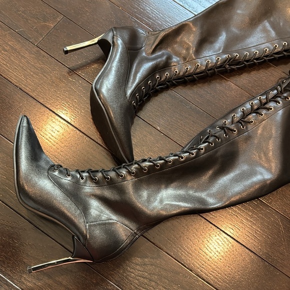 🔵 CUCCOO Faux Leather Point Toe Lace-Up Front Thigh High Boot Sz 7.5 - Picture 7 of 9